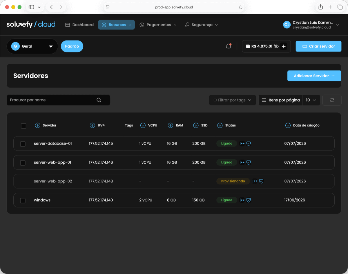 Listagem de servidores no painel Solvefy Cloud